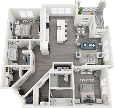 Floor plan for 2 beds, 2 baths, 1389 sqft