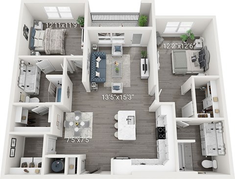 Floor plan for 2 beds, 2 baths, 1294 sqft