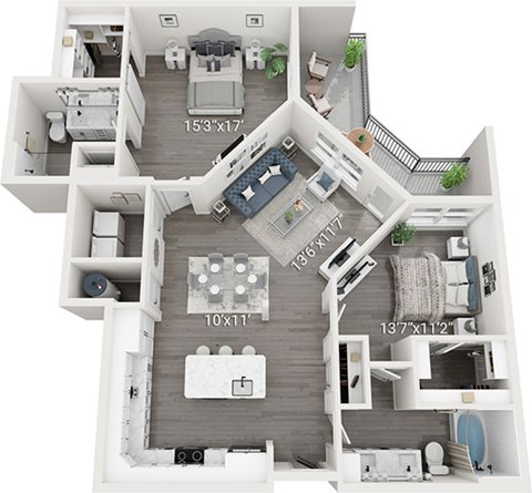 Floor plan for 2 beds, 2 baths, 1295 sqft
