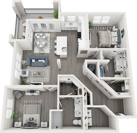 Floor plan for 2 beds, 2 baths, 1302 sqft