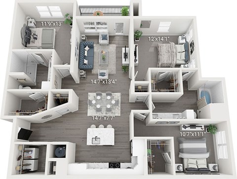 Floor plan for 3 beds, 2 baths, 1539 sqft