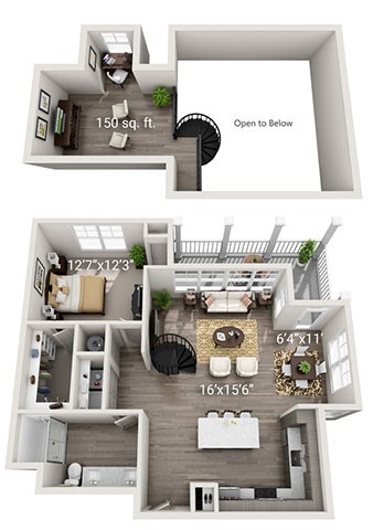 Floor plan for 1 bed, 1 bath, 1054 sqft