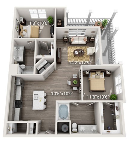 Floor plan for 2 beds, 2 baths, 1105 sqft