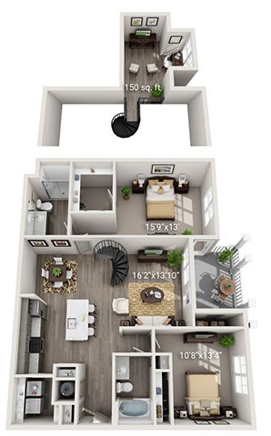 Floor plan for 2 beds, 2 baths, 1335 sqft