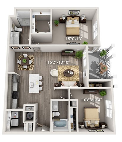 Floor plan for 2 beds, 2 baths, 1206 sqft