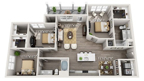 Floor plan for 3 beds, 2 baths, 1335 sqft