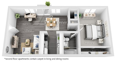Floor plan for 1 bed, 1 bath, 595 sqft