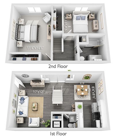 Floor plan for 2 beds, 1.5 baths, 1000 sqft