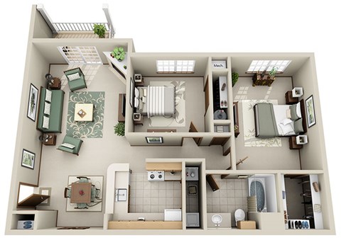 Floor plan for 2 beds, 1 bath, 1085 sqft