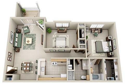 Floor plan for 2 beds, 2 baths, 1169 sqft