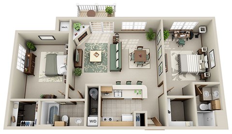 Floor plan for 2 beds, 2 baths, 1103 sqft