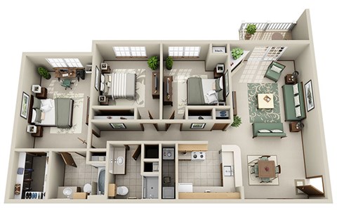 Floor plan for 3 beds, 2 baths, 1357 sqft