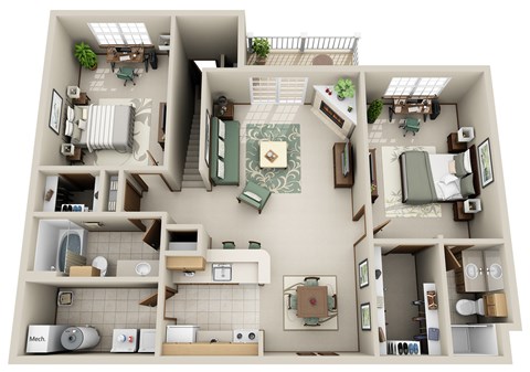 Floor plan for 2 beds, 2 baths, 1216 sqft