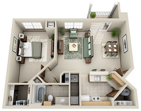 Floor plan for 1 bed, 1 bath, 841 sqft