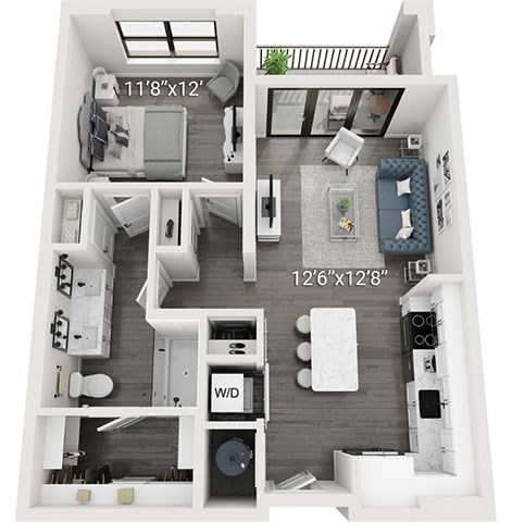 Floor plan for 1 bed, 1 bath, 739 sqft