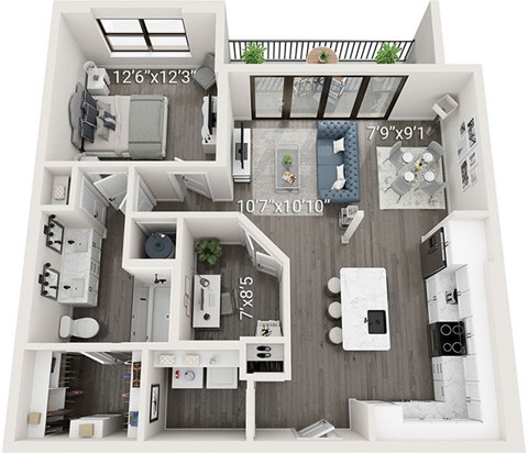 Floor plan for 1 bed, 1 bath, 914 sqft