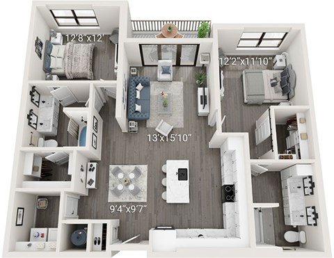 Floor plan for 2 beds, 2 baths, 1298 sqft