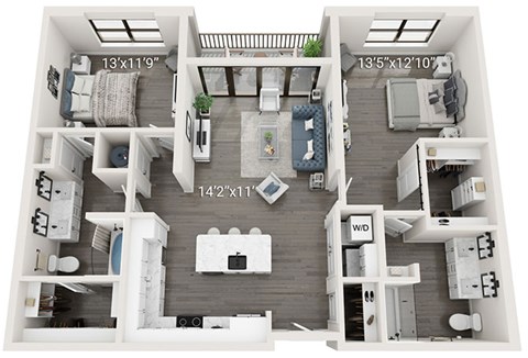 Floor plan for 2 beds, 2 baths, 1304 sqft