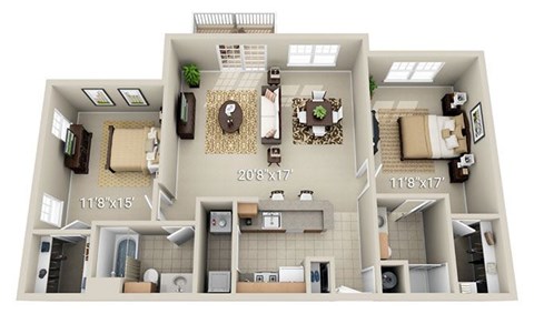 Floor plan for 2 beds, 2 baths, 1151 sqft