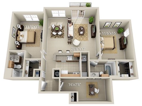 Floor plan for 2 beds, 2 baths, 1315 sqft