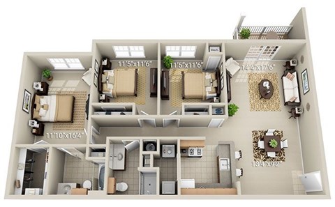 Floor plan for 3 beds, 2 baths, 1357 sqft