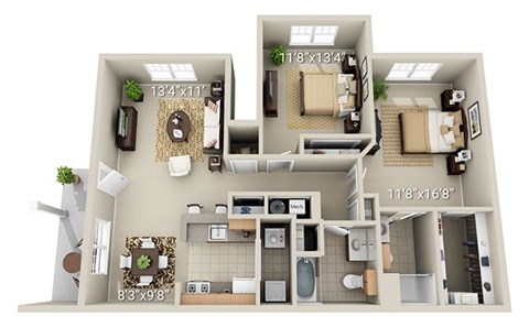 Floor plan for 2 beds, 2 baths, 1163 sqft