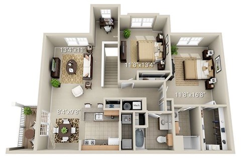 Floor plan for 2 beds, 2 baths, 1252 sqft