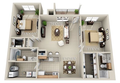 Floor plan for 2 beds, 2 baths, 1211 sqft
