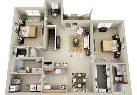 Floor plan for 2 beds, 2 baths, 1301 sqft