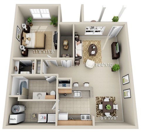 Floor plan for 1 bed, 1 bath, 887 sqft