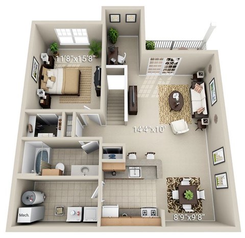Floor plan for 1 bed, 1 bath, 977 sqft