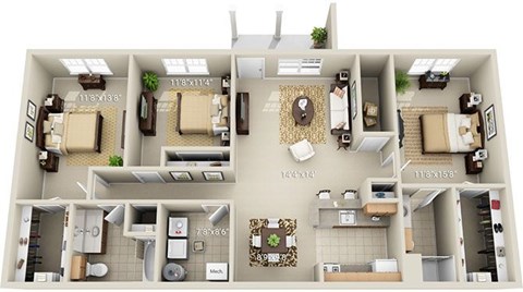 Floor plan for 3 beds, 2 baths, 1463 sqft