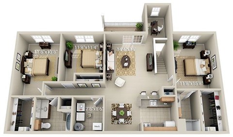 Floor plan for 3 beds, 2 baths, 1553 sqft