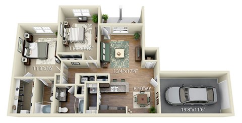Floor plan for 2 beds, 2 baths, 1177 sqft