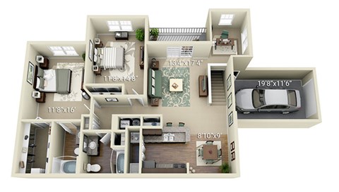 Floor plan for 2 beds, 2 baths, 1287 sqft