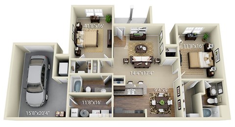 Floor plan for 2 beds, 2 baths, 1211 sqft
