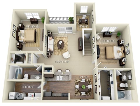 Floor plan for 2 beds, 2 baths, 1304 sqft
