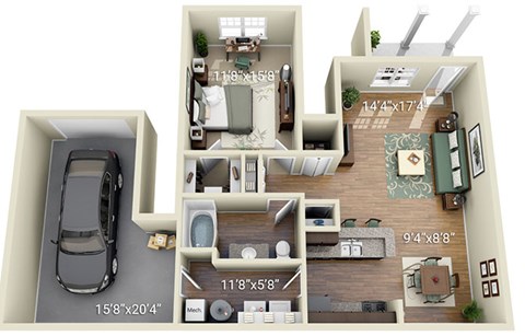 Floor plan for 1 bed, 1 bath, 887 sqft