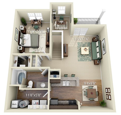 Floor plan for 1 bed, 1 bath, 978 sqft