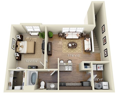 Floor plan for 1 bed, 1 bath, 844 sqft