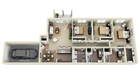 Floor plan for 3 beds, 2 baths, 1443 sqft