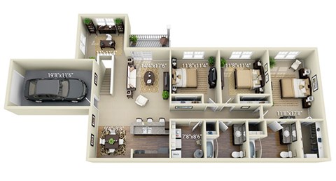 Floor plan for 3 beds, 2 baths, 1605 sqft