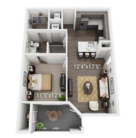 Floor plan for 1 bed, 1 bath, 819 sqft