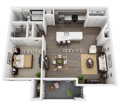 Floor plan for 1 bed, 1 bath, 1073 sqft