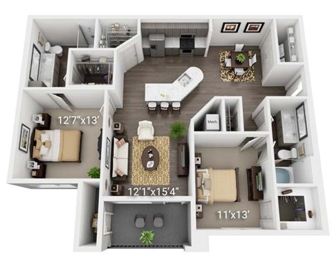 Floor plan for 2 beds, 2 baths, 1328 sqft