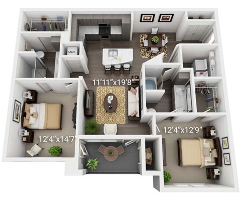 Floor plan for 2 beds, 2 baths, 1343 sqft
