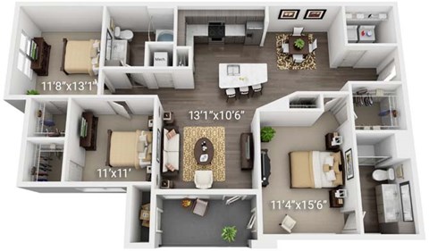 Floor plan for 3 beds, 2 baths, 1525 sqft