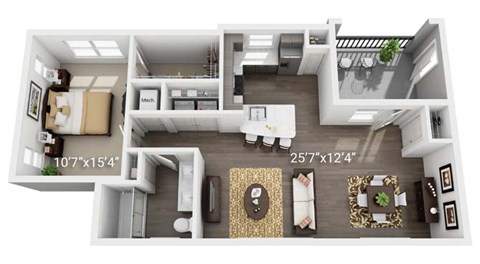 Floor plan for 1 bed, 1 bath, 929 sqft