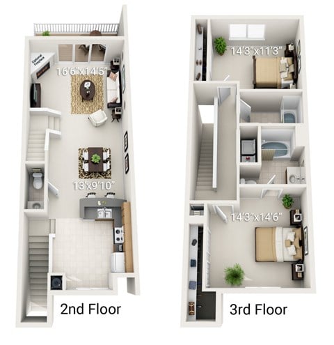 Floor plan for 2 beds, 2.5 baths, 1301 sqft