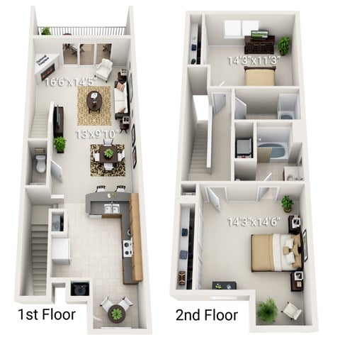 Floor plan for 2 beds, 2.5 baths, 1340 sqft
